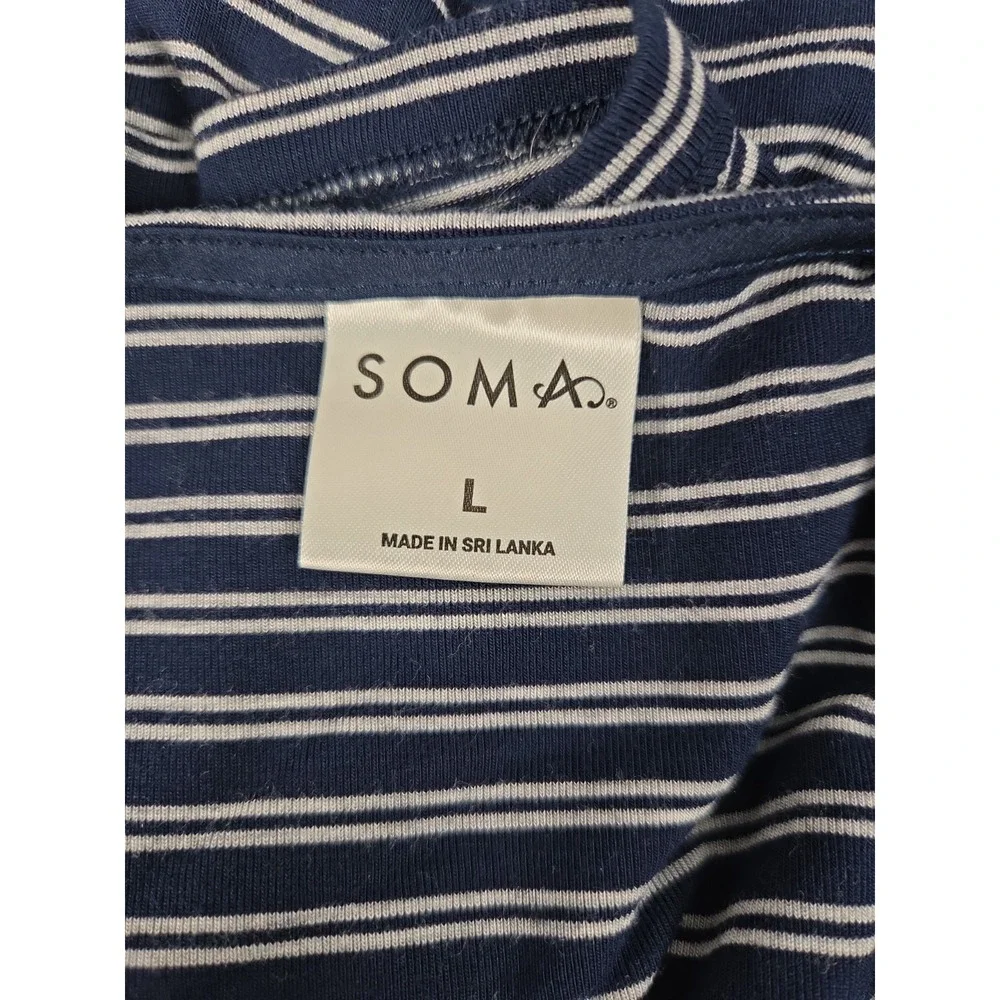 Soma Cool Nights Short Sleeve Sleepshirt L Navy Blue Stripe Nightgown Lounge
